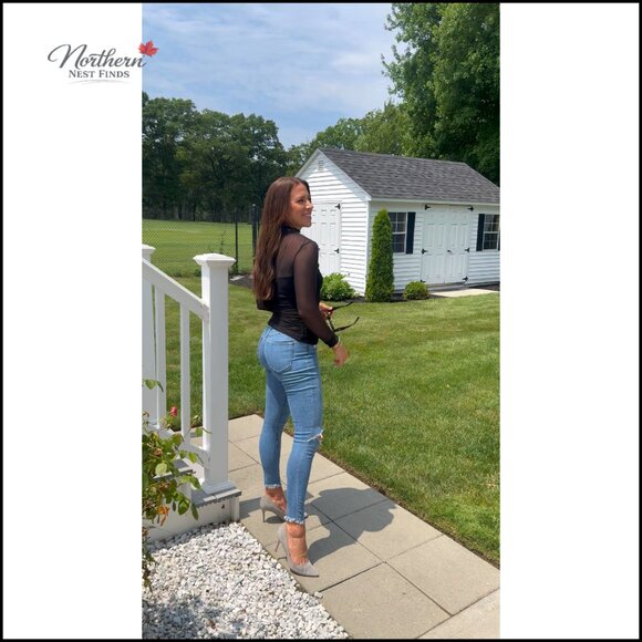 Sheer Mesh Mock Turtleneck Long Sleeve Blouse Ruching Trendy Going Out Top - Picture 7 of 7